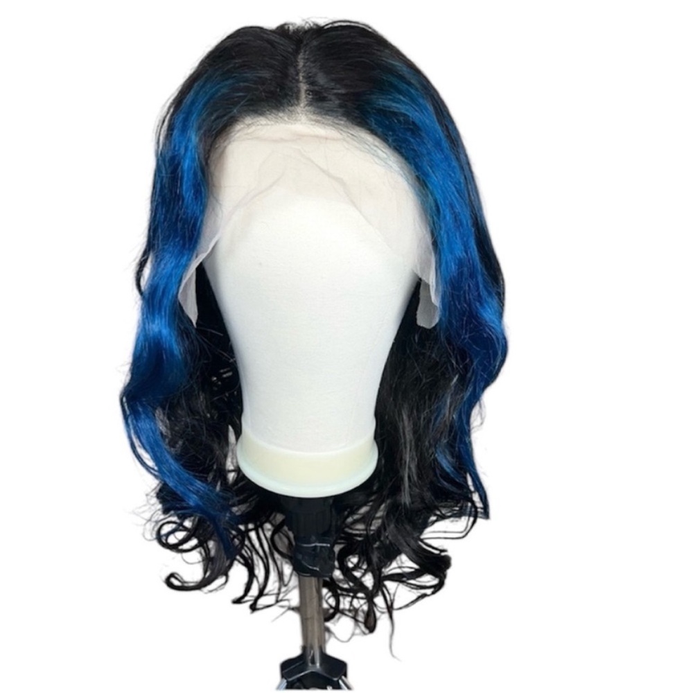 Natural Black Blue Highlight Human Hair Lace Front Wavy 22 Inch Wig